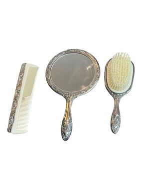 Silver Plated Vintage Victorian Hand Held Mirror, Brush and Comb Set